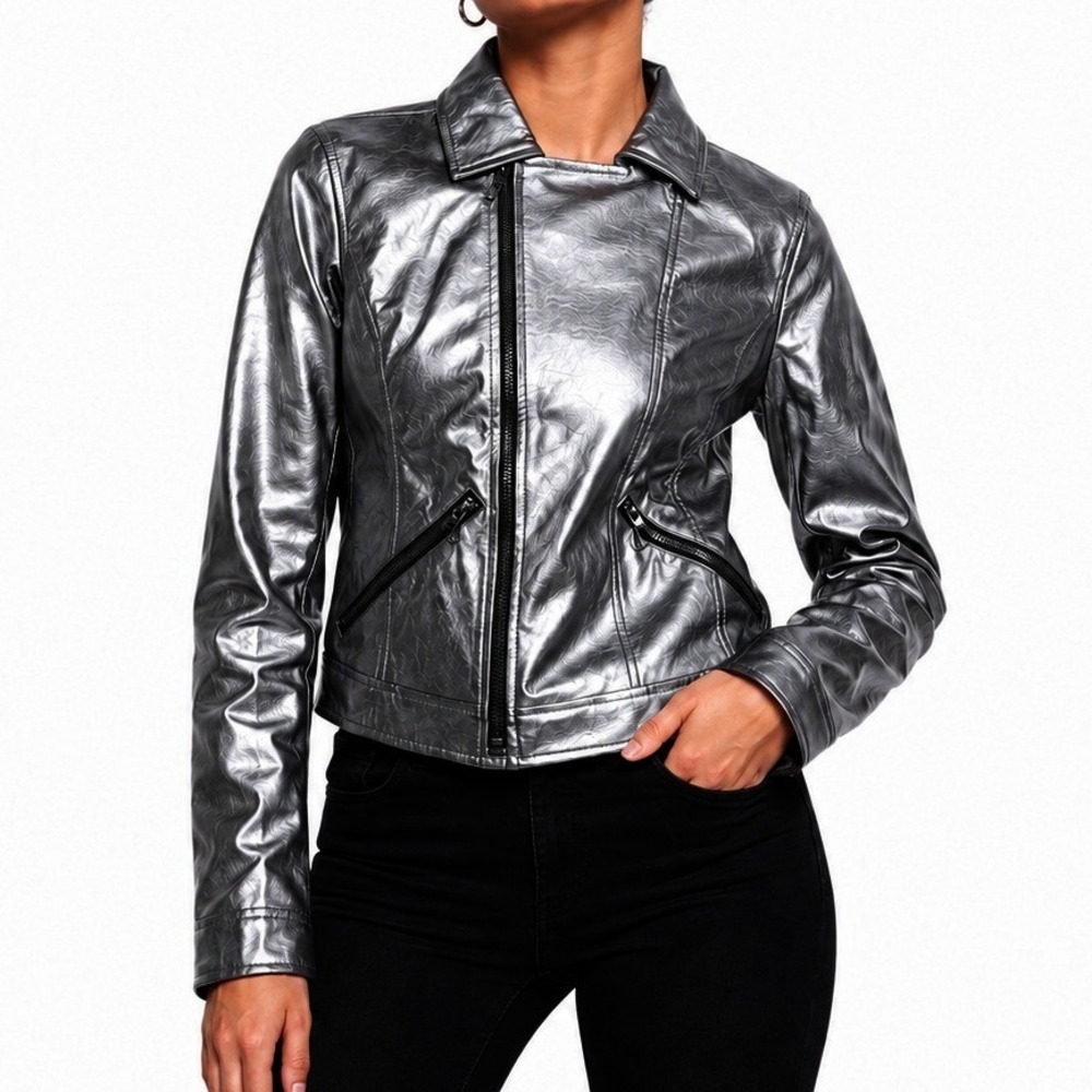 Rampage Moto Jacket Womens Small Silver Metallic Faux Leather Biker Edgy Glam